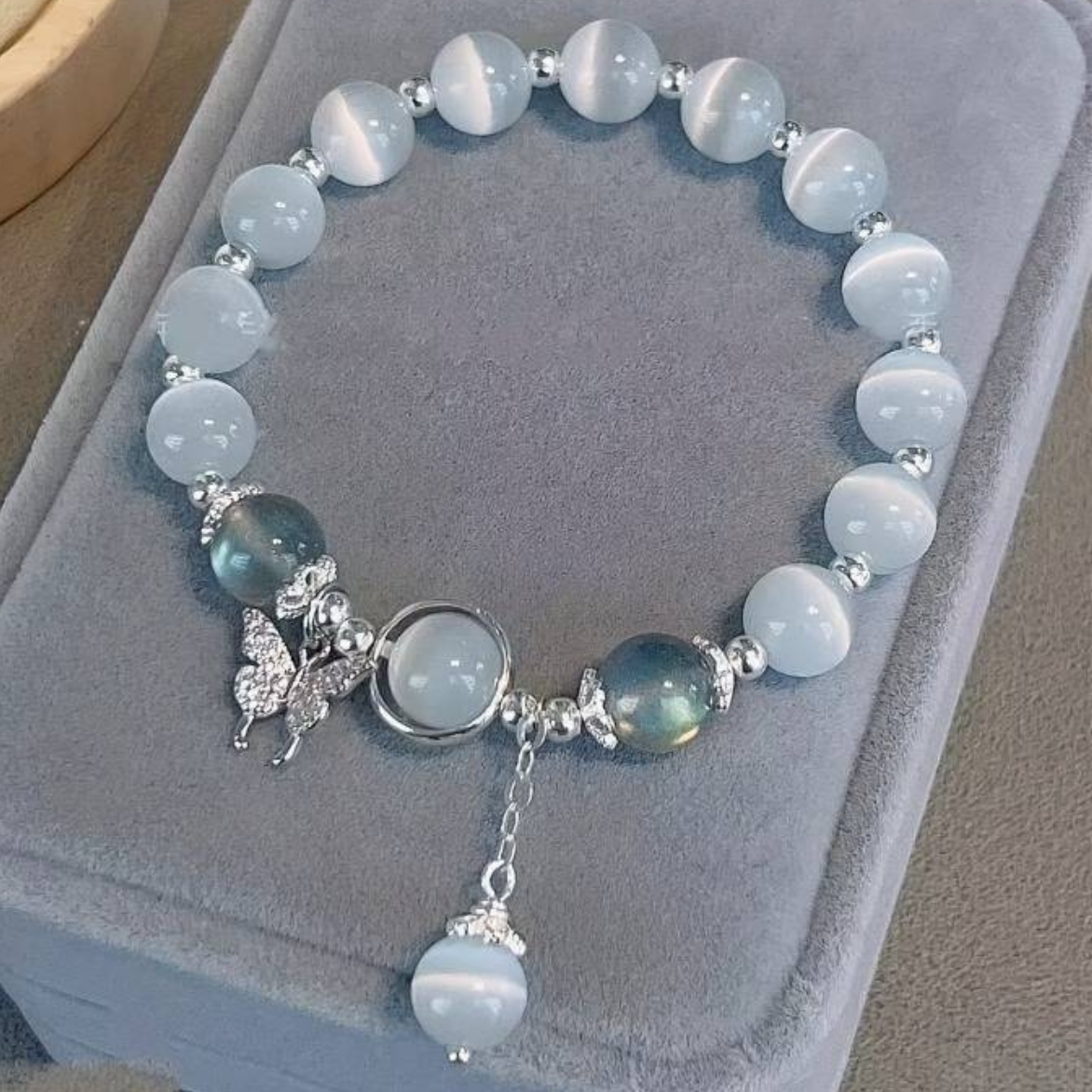 Elegant Gray Moonstone Butterfly Charm Bracelet: Handmade with Love 139