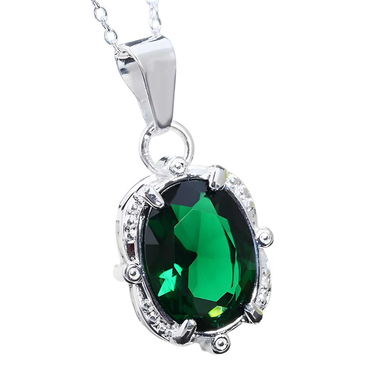 Emerald Green Oval Crystal Look Pendant Necklace For Women Silver Colour 1773