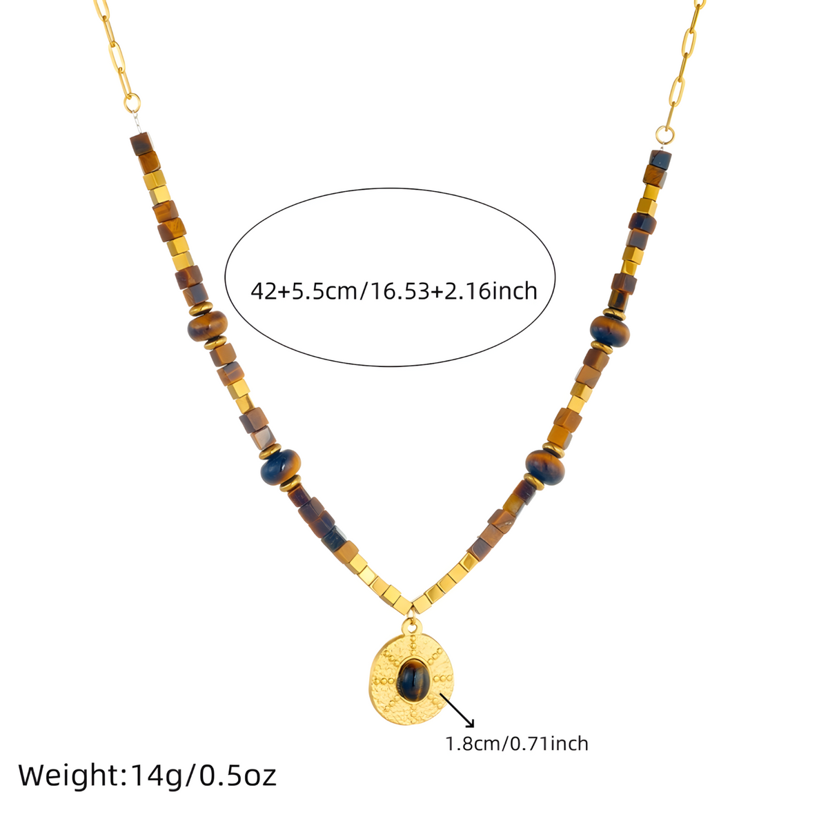 316L Gold Tone Tiger Eye Beaded Pendant Necklace Women Round Charm 1708