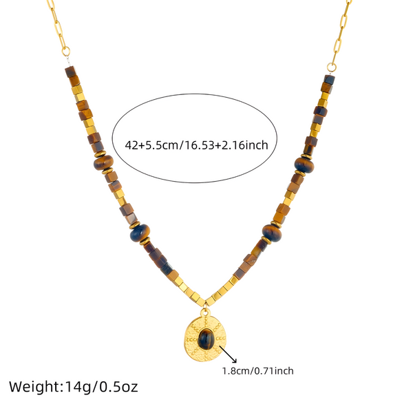 316L Gold Tone Tiger Eye Beaded Pendant Necklace Women Round Charm 1708