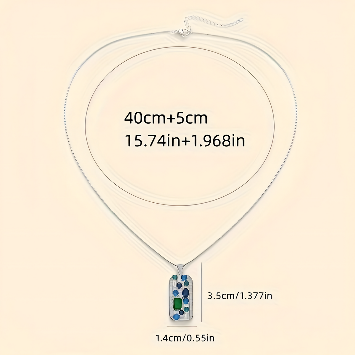 Silver Box Chain Pendant Necklace Women – Blue & Green Cubic Zirconia Rectan 668