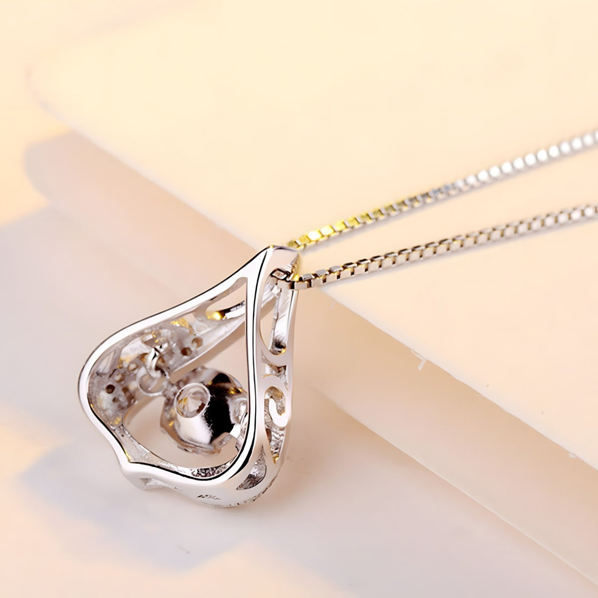 925 Sterling Silver Beating Heart Necklace for Women -Water Drop Crystal AAA 404