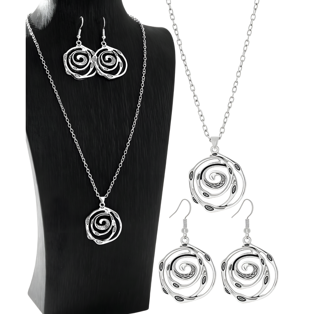 Spiral Rose Jewellery Set Women, Antique Silver Tone Hollow Floral Pendant 1716
