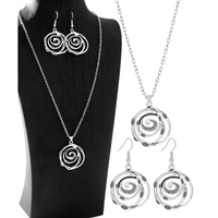 Spiral Rose Jewellery Set Women, Antique Silver Tone Hollow Floral Pendant 1716