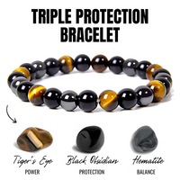 Triple Protection Bracelet 8mm Tiger Eye Black Obsidian Hematite Beaded 1499