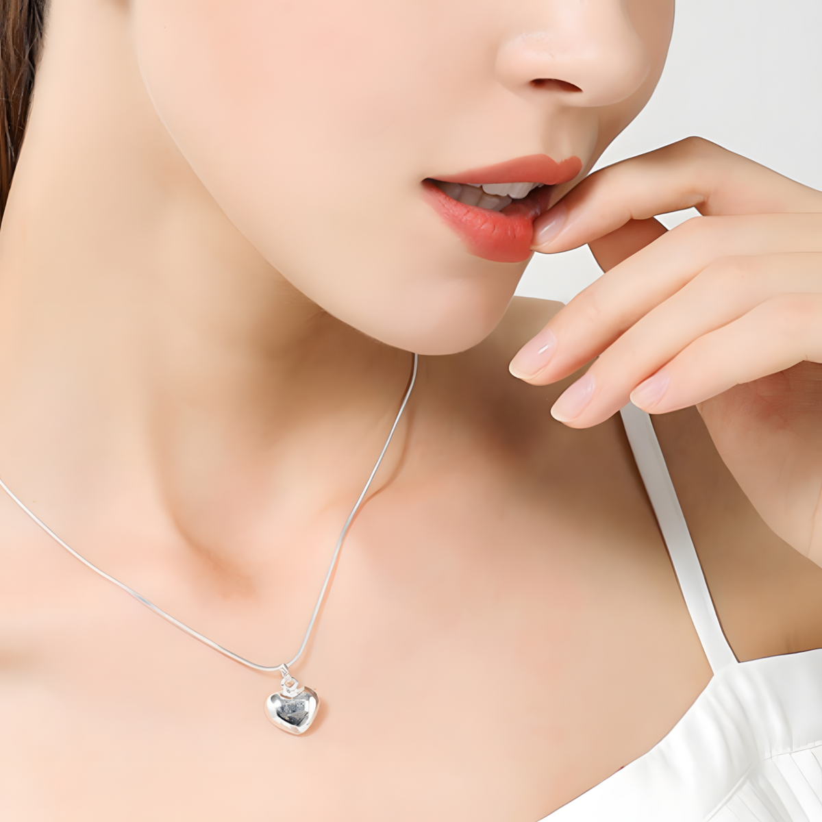 925 Silver-Plated Alloy Heart Pendant Necklace Women Polished Puff Heart 859