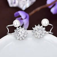 925 Sterling Silver Snowflake Stud Earrings with Pearl Accents, Sparkling CZ 326