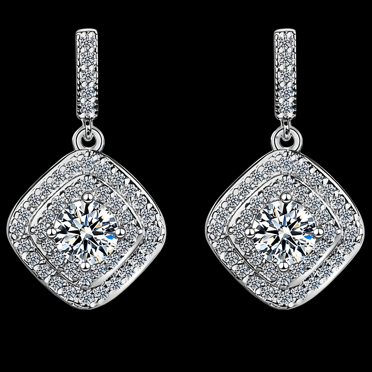 925 Sterling Silver Cubic Zirconia Drop Earrings, Double Halo Square Design 306