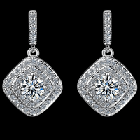 925 Sterling Silver Cubic Zirconia Drop Earrings, Double Halo Square Design 306