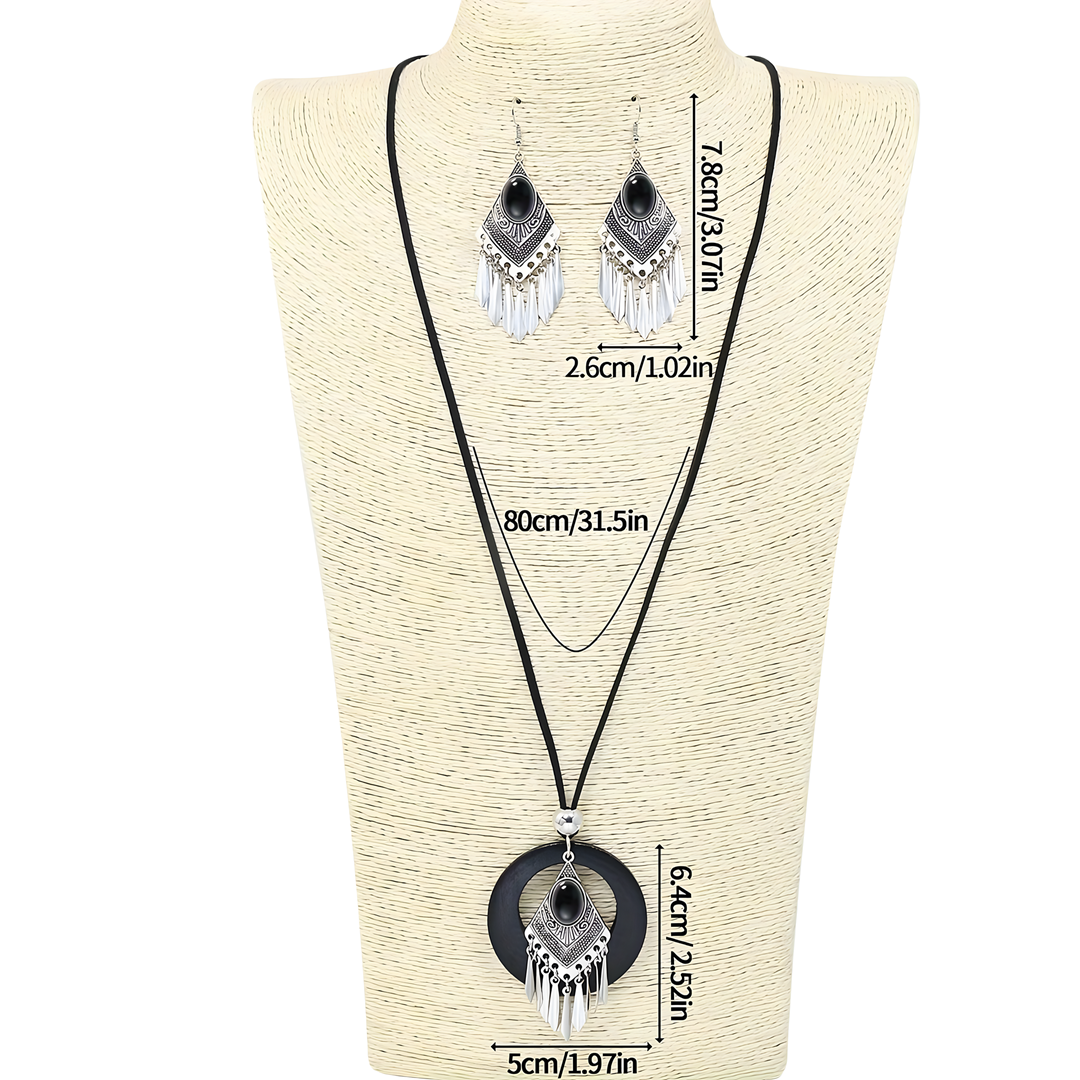 Retro Silver Geometric Tassel Jewelry Set Women –Ethnic Black Stone Necklace 687