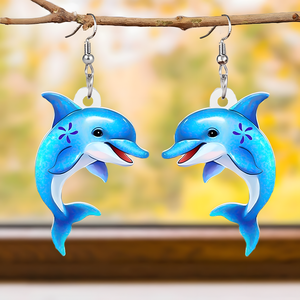 Blue Dolphin Dangle Drop Earrings Ocean Animals Jewelry Charm Gifts Acrylic 612