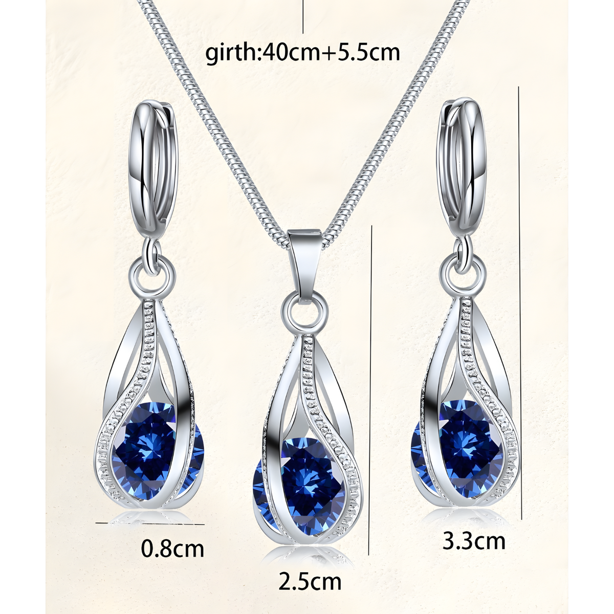 Blue Crystal Teardrop Jewellery Set Women, Silver Tone Water Drop Pendant 1718
