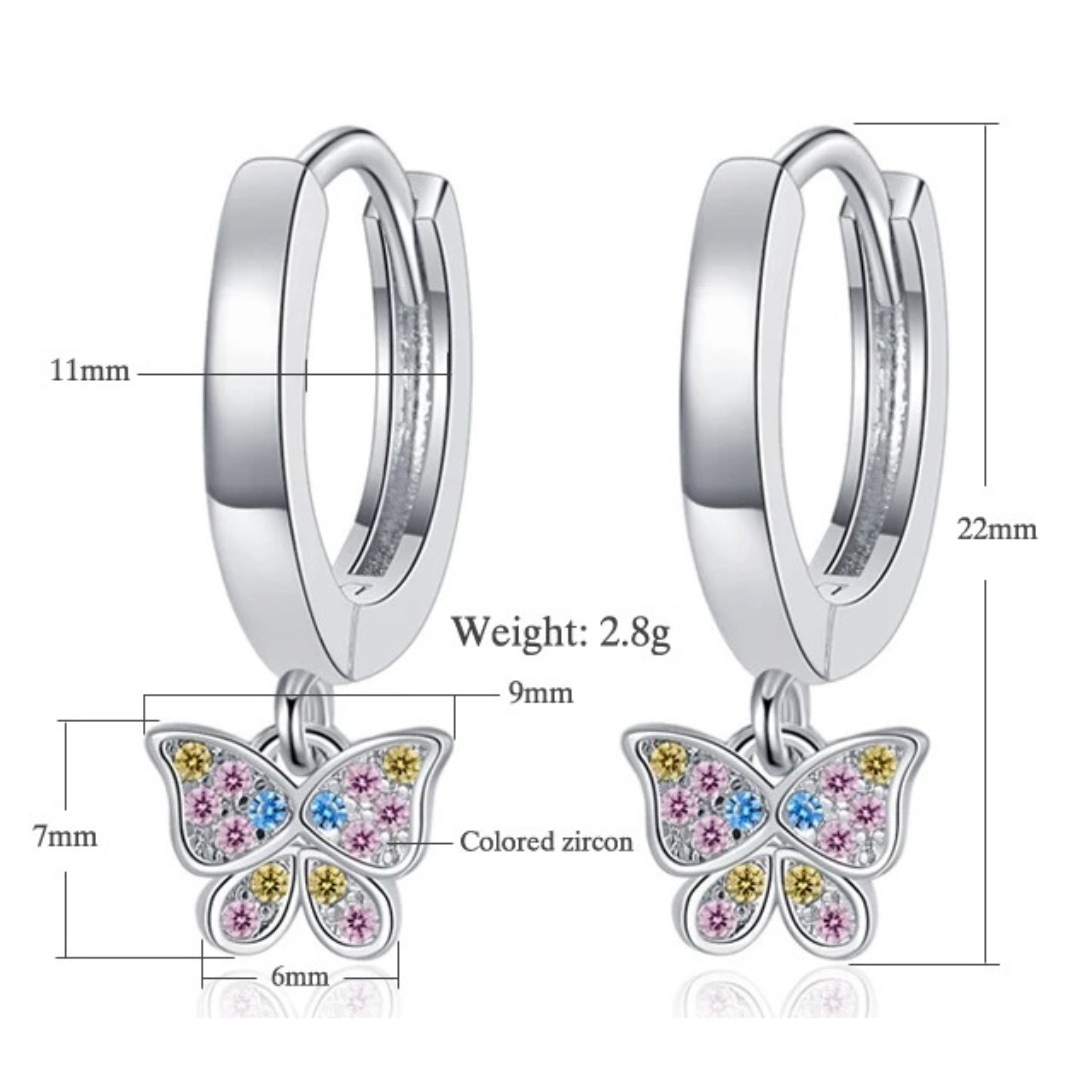 Sterling Silver Butterfly Drop Earrings –22mm Length Colorful Zircon Crystal 299
