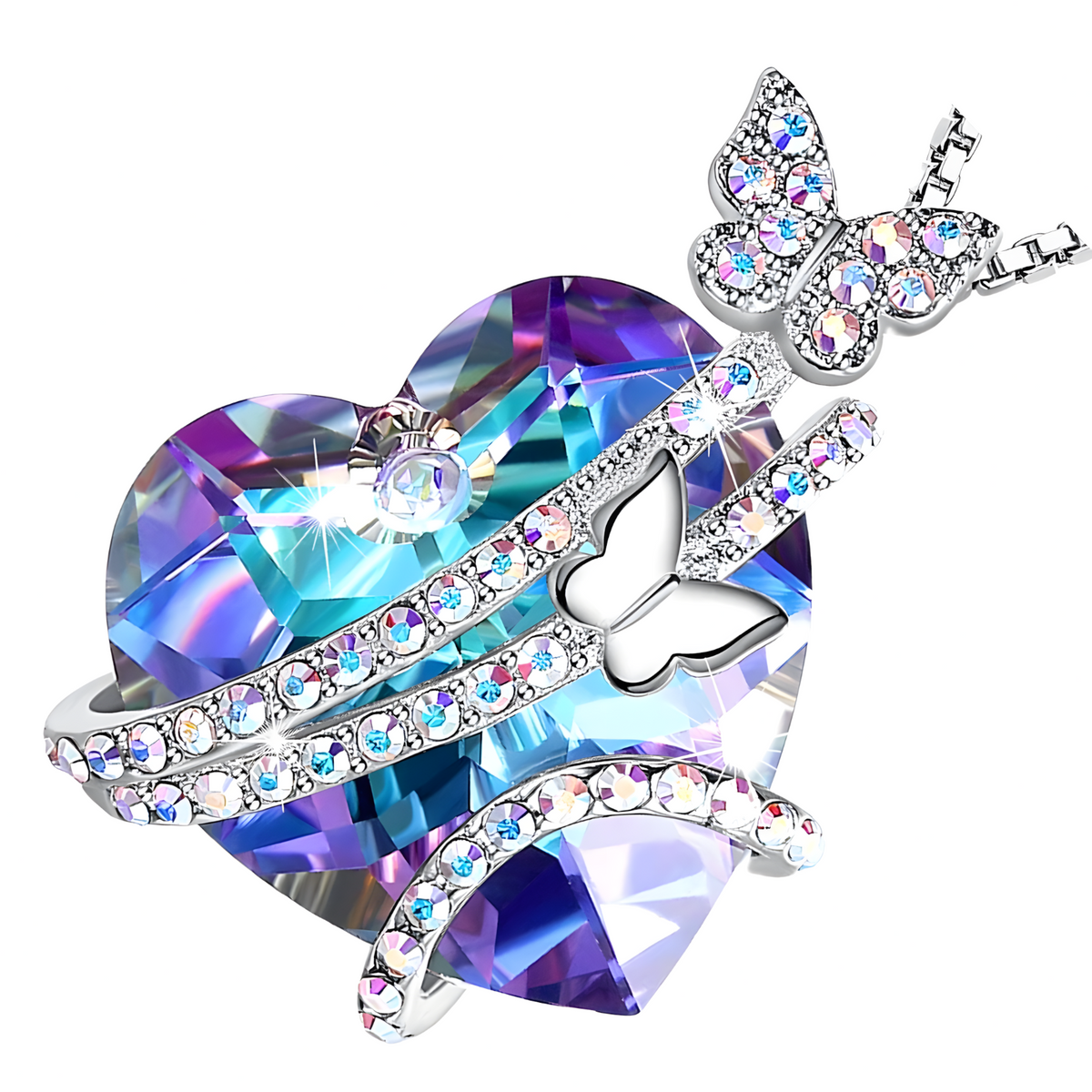 Butterfly Heart Necklace for Women Zinc Alloy Silver Colour Pavé Butterfly 1175