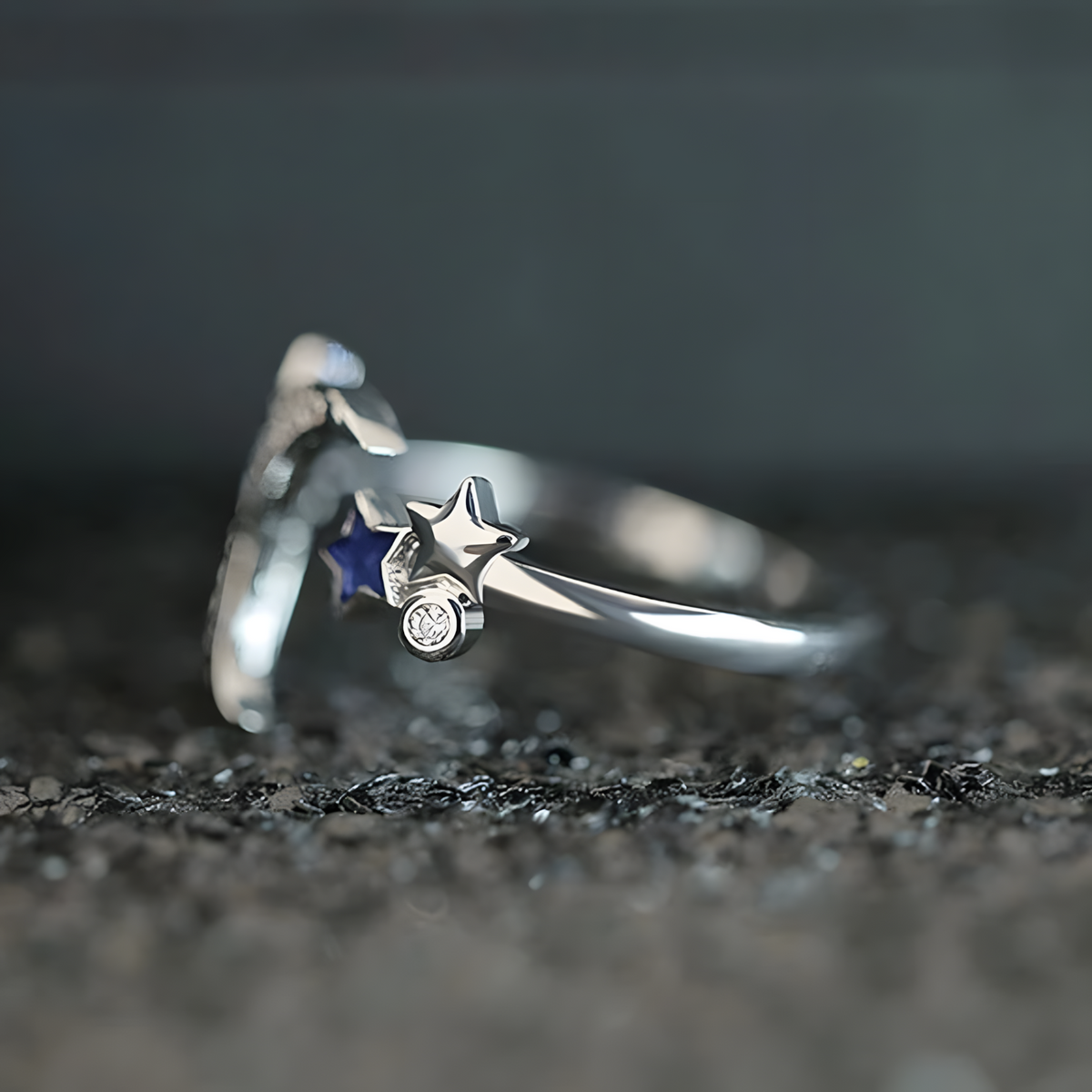 925 Sterling Silver Moon and Star Adjustable Ring Rhinestone Celestial Ring 367