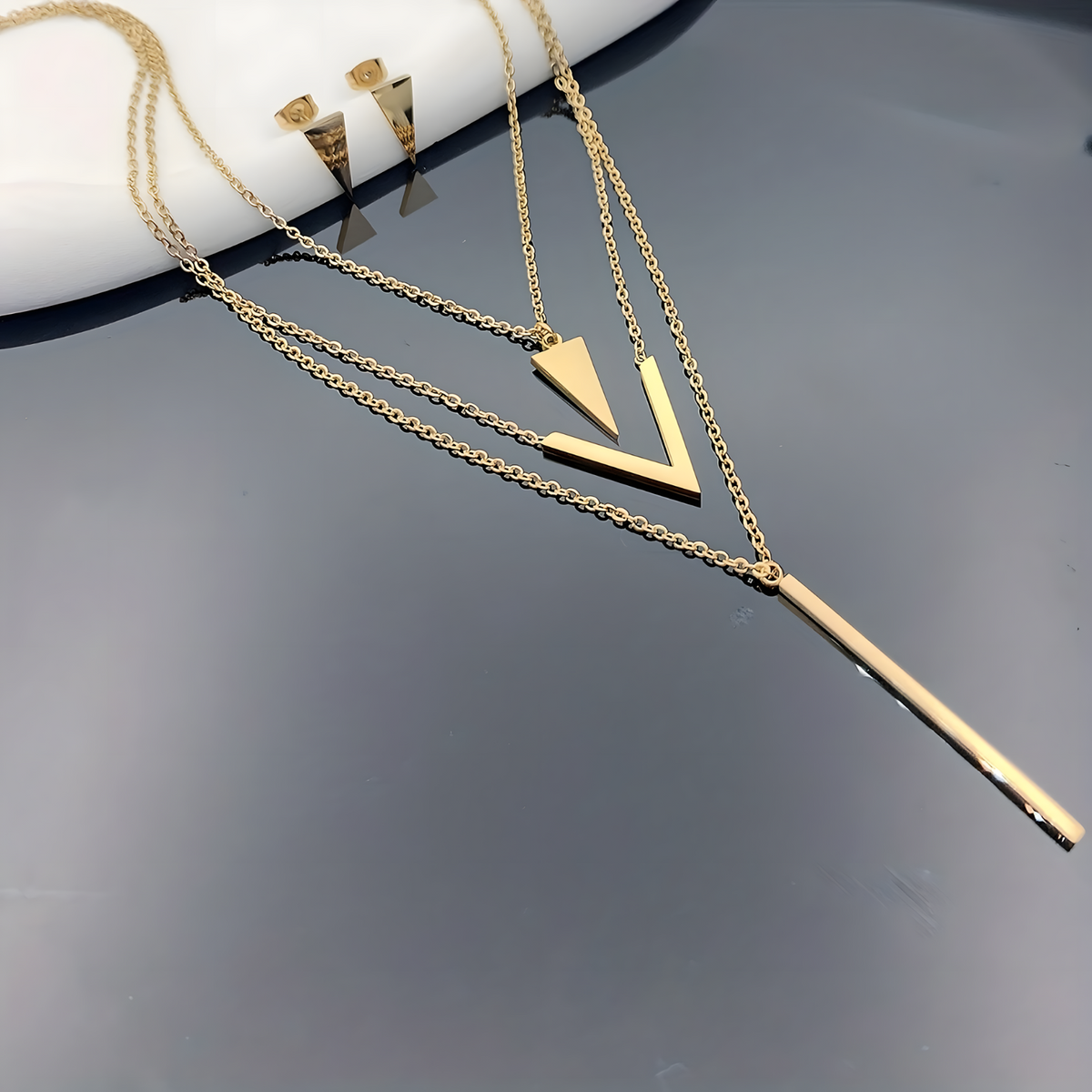 Women Stainless Steel Geometric Pendant Jewellery Set 3 Layer Gold Necklace 675