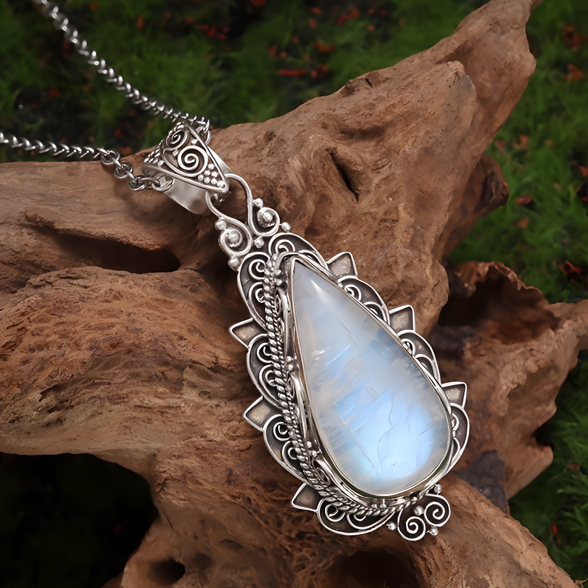 Retro Moonstone Pendant Necklace for Women | Ethnic Style Teardrop Synthetic 561