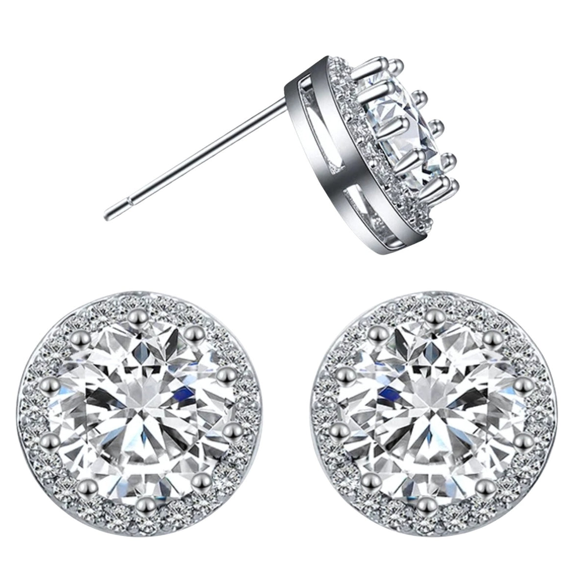 Sterling Silver AAA Zircon Halo Stud Earrings, 10mm Round Brilliant Cut 347