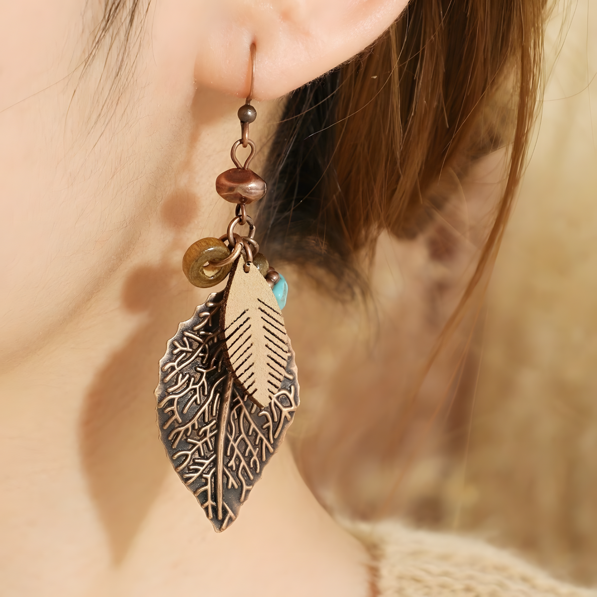 Boho Vintage Leaf Jewellery Set For Women, Layered Round Pendant Necklace 1704
