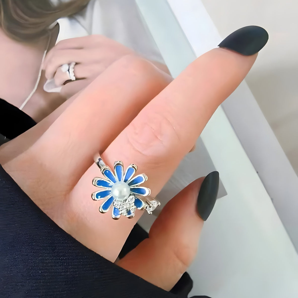 925 Sterling Silver Style, Rotating Flower, Pearl Center, Butterfly Accent 375