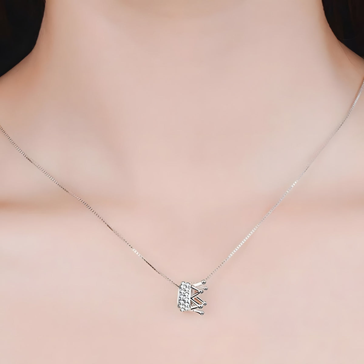 925 Sterling Silver Crown Charm Necklace Dainty Adjustable Length Zircons 268