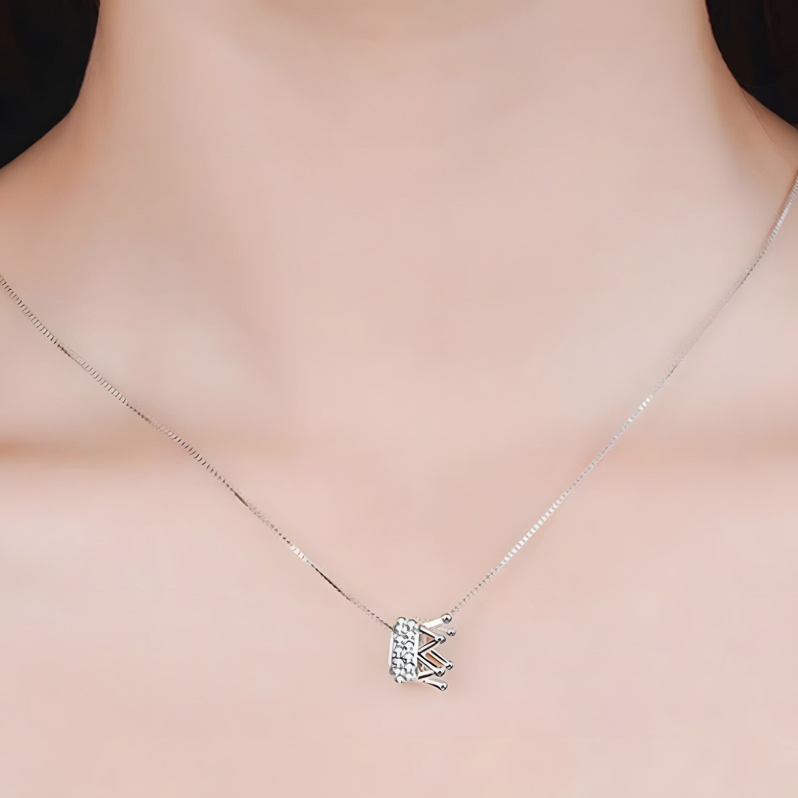 925 Sterling Silver Crown Charm Necklace Dainty Adjustable Length Zircons 268