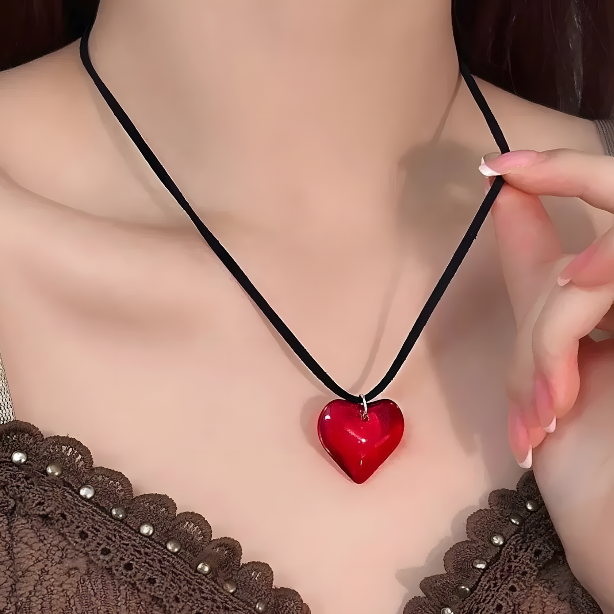 Red Heart Pendant Necklace for Women – Resin Artificial Crystal Heart Charm 1198