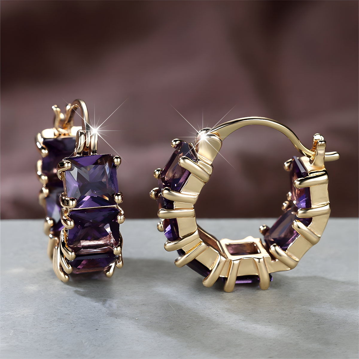 Square Zircon Hoop Earrings for Women | 2.2cm Champagne Gold Plated U Shaped 570