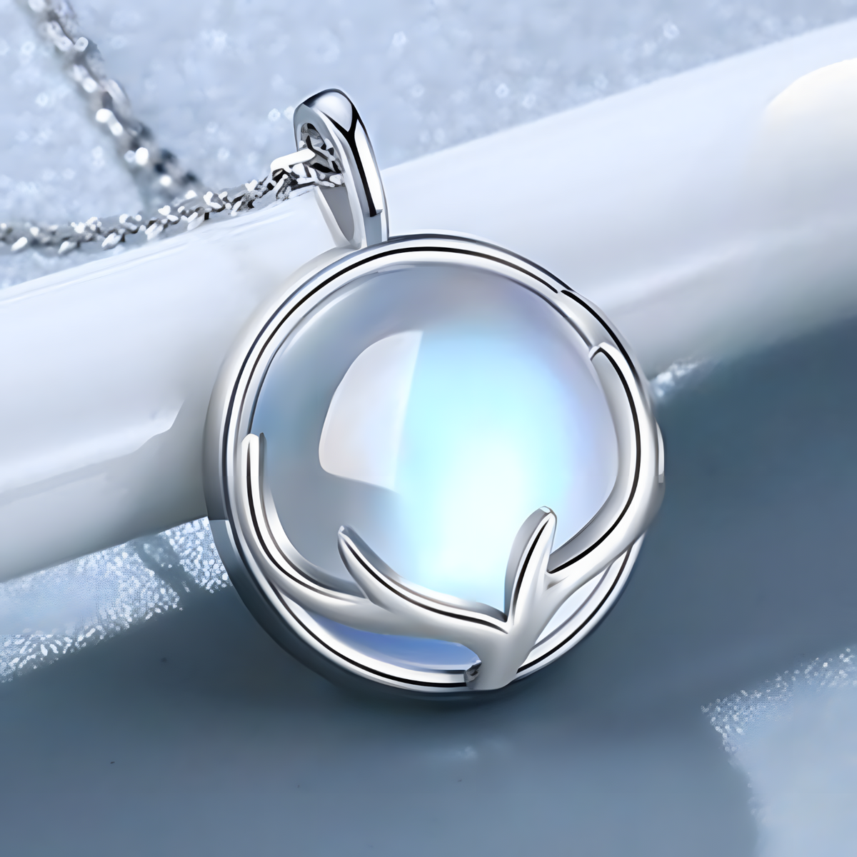 Copper Necklace with Cubic Zirconia Round Pendant for Women, Blue Moonstone 1257
