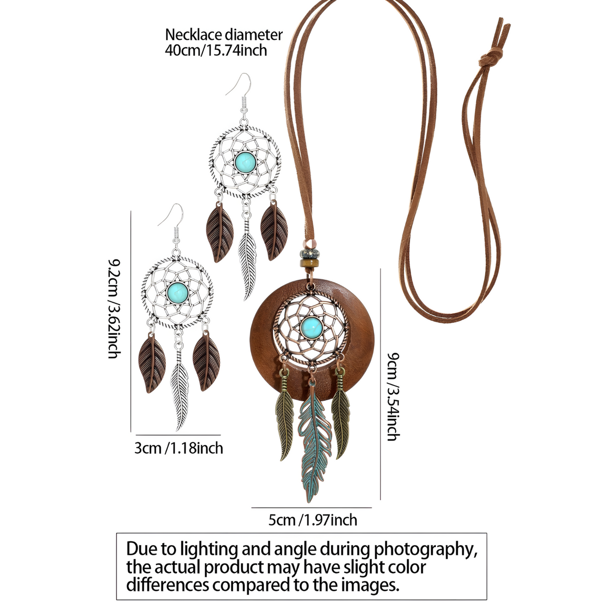 Boho Dreamcatcher Necklace And Earrings Set For Women, Feather Pendant 1705