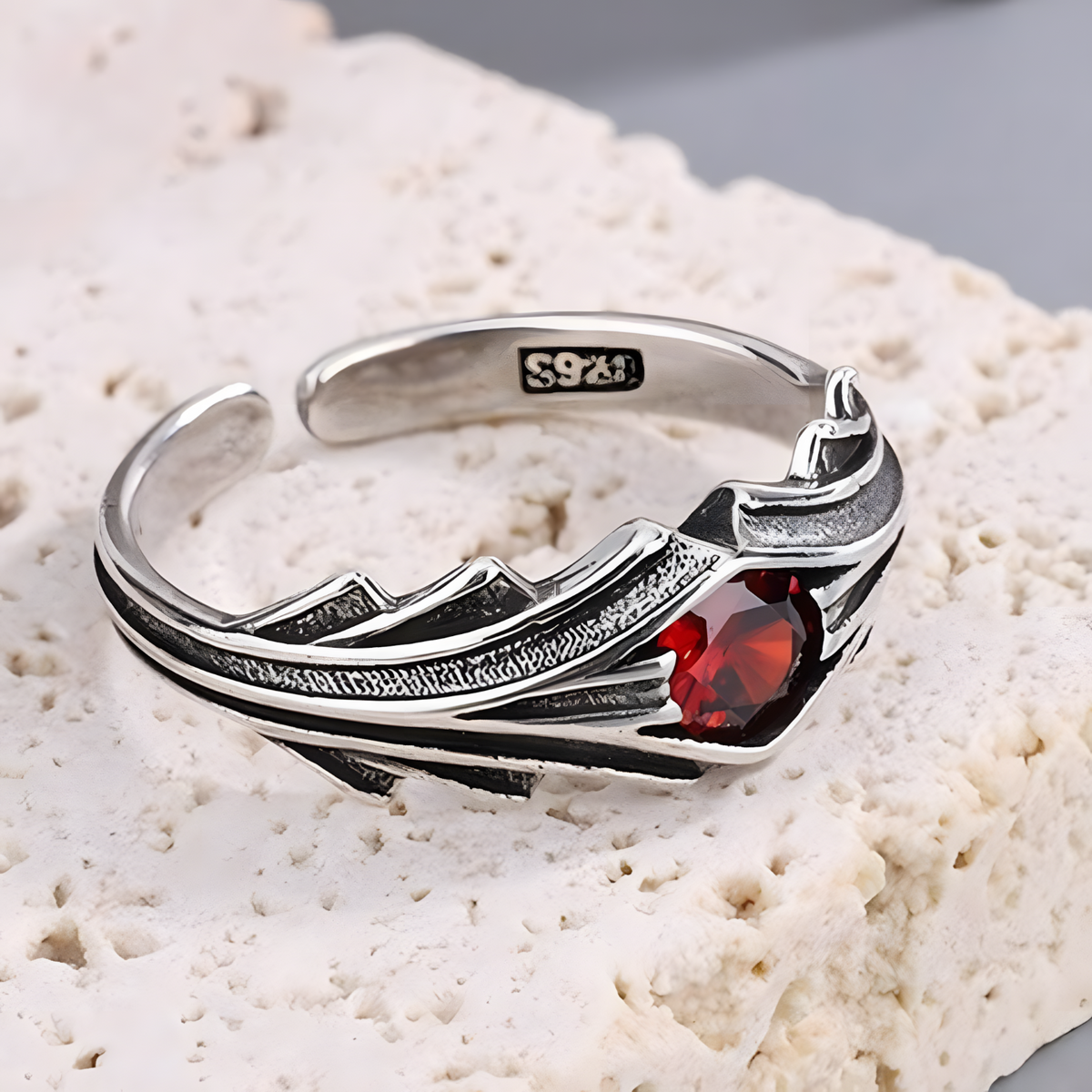 Red Stone Open Adjustable Ring For Women Silver Tone Wing Feather Leaf 1754