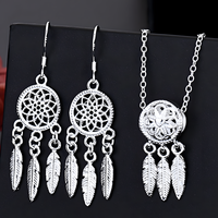Sterling Silver Dream Catcher Earrings & Necklace Set - Boho Feather Dangle B37
