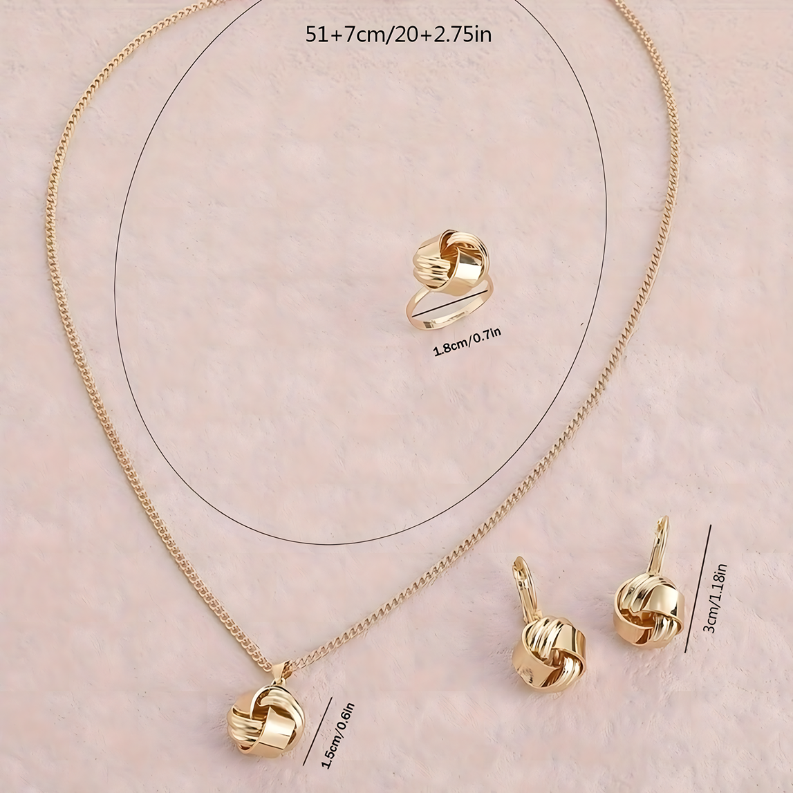 3 PCS Gold Lucky Knot Jewelry Set Women Zinc Alloy Necklace, Earrings 706