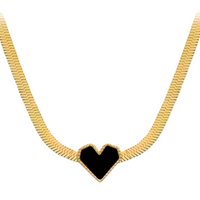 Gold Snake Chain Necklace with Black Heart Pendant – Stainless Steel & Shell 742