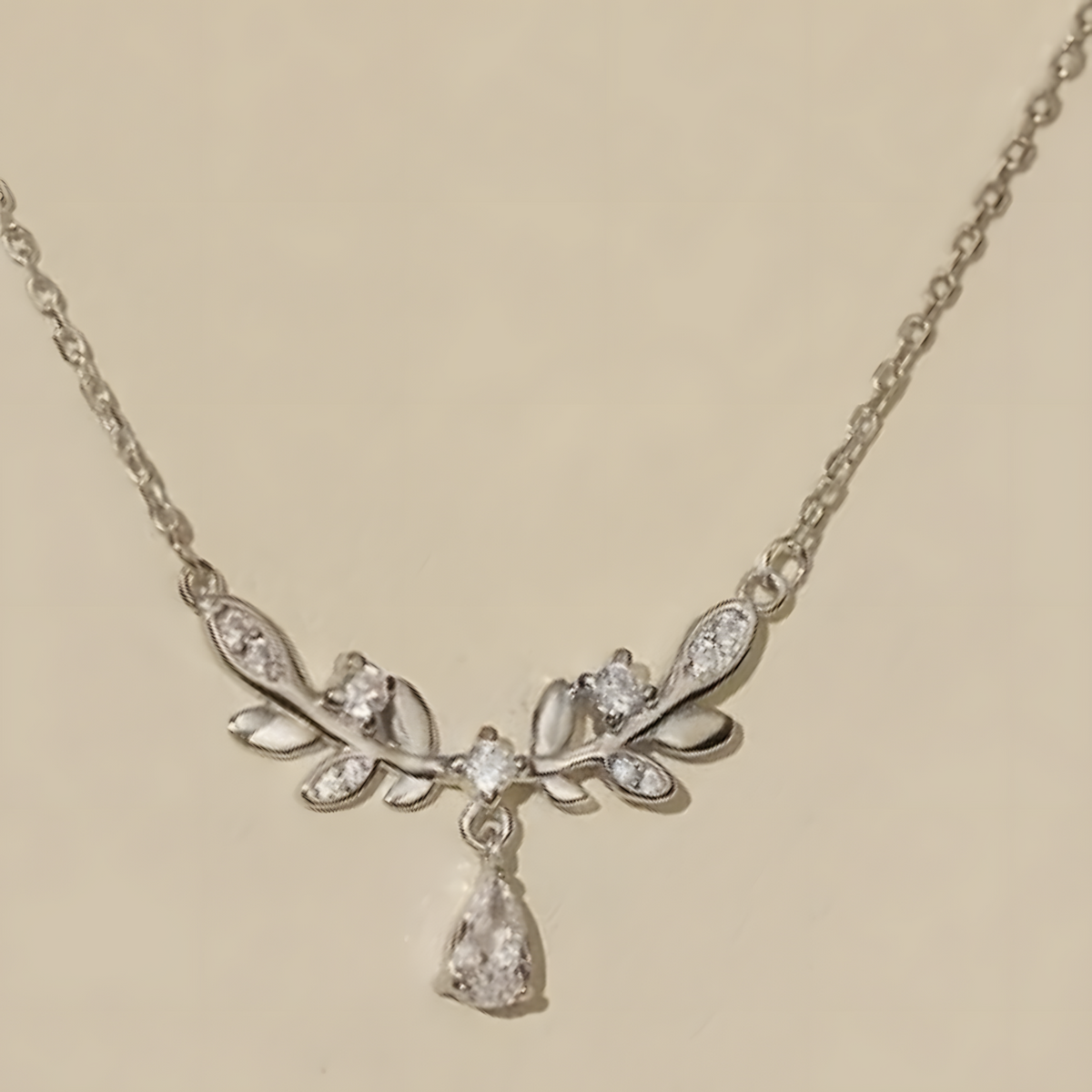 925 Silver Leaf Vine Necklace Women Zinc Alloy Base with Crystal Teardrop 838