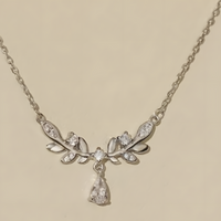 925 Silver Leaf Vine Necklace Women Zinc Alloy Base with Crystal Teardrop 838