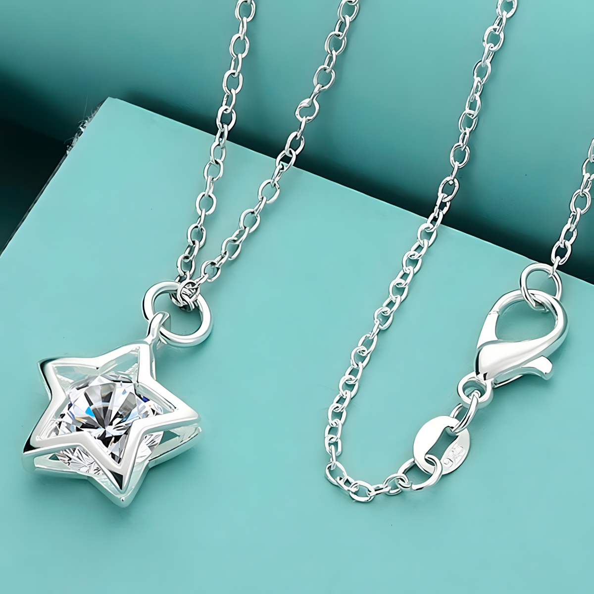 Star Crystal Pendant Necklace, 45cm Link Chain, Silver Colour Y2K Party 1794