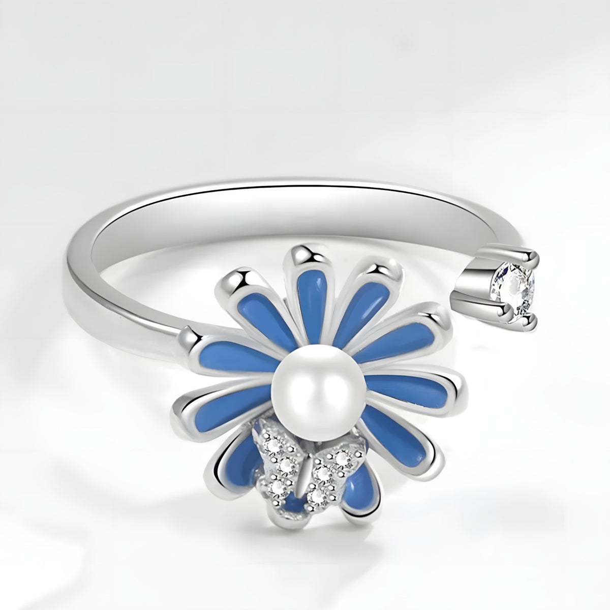 925 Sterling Silver Style, Rotating Flower, Pearl Center, Butterfly Accent 375