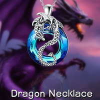 Cool Dragon Pendant Necklace Women, Men, Blue Crystal Hollowed Out Jewelry B149