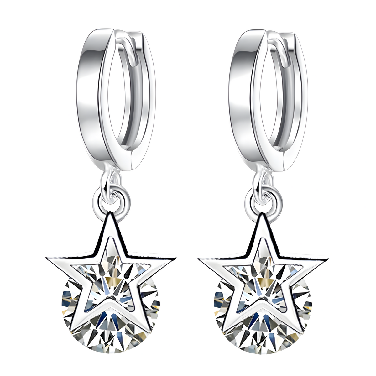 Crystal Star Hoop Earrings Women – Trendy Silver-Tone Huggie Dangle Earrings 998
