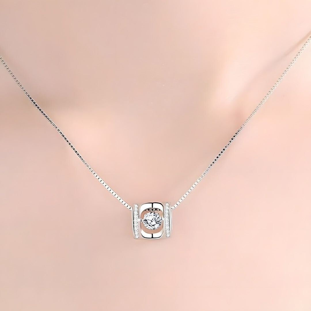 925 Sterling Silver Rotating Dancing Zircon - Necklace Sparkling Pendant 255