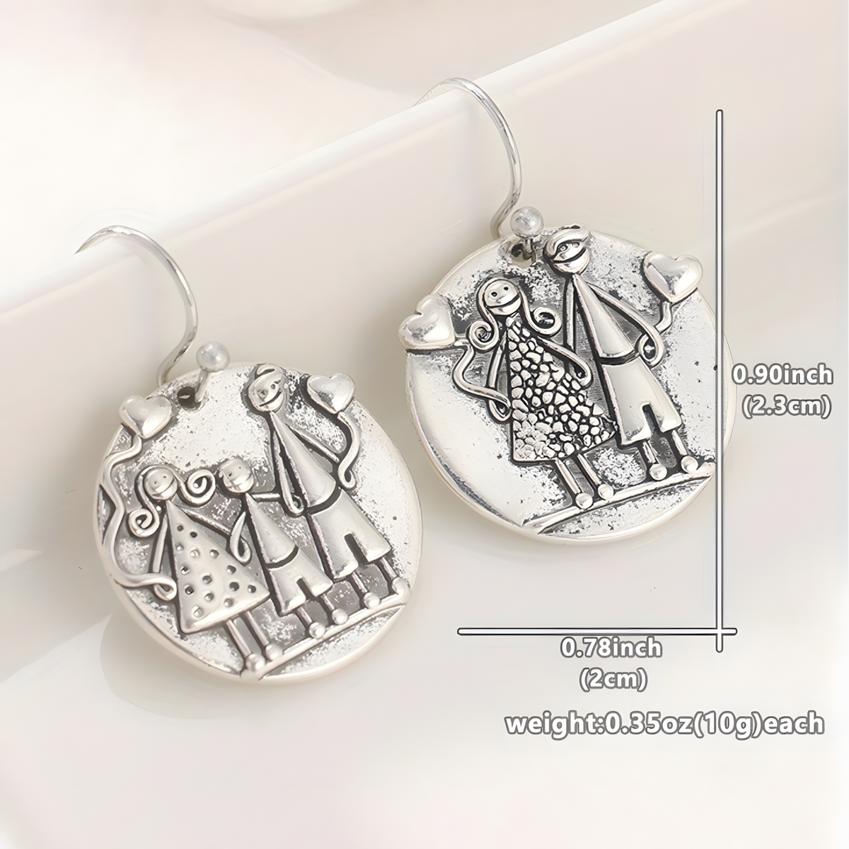 Family Love Dangle Earrings- Textured Round Disc & Heart Charm Drop Earring 1498