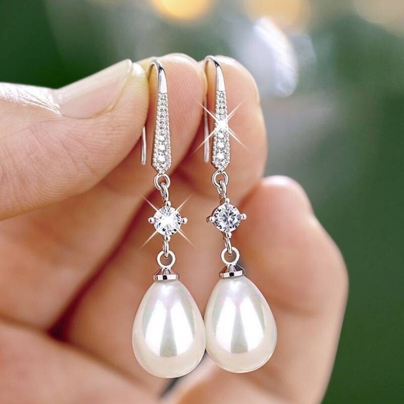 Unified Jewellery® - Women's 925 Silver Plated Faux Pearl & Zircon Dangle 10 UK