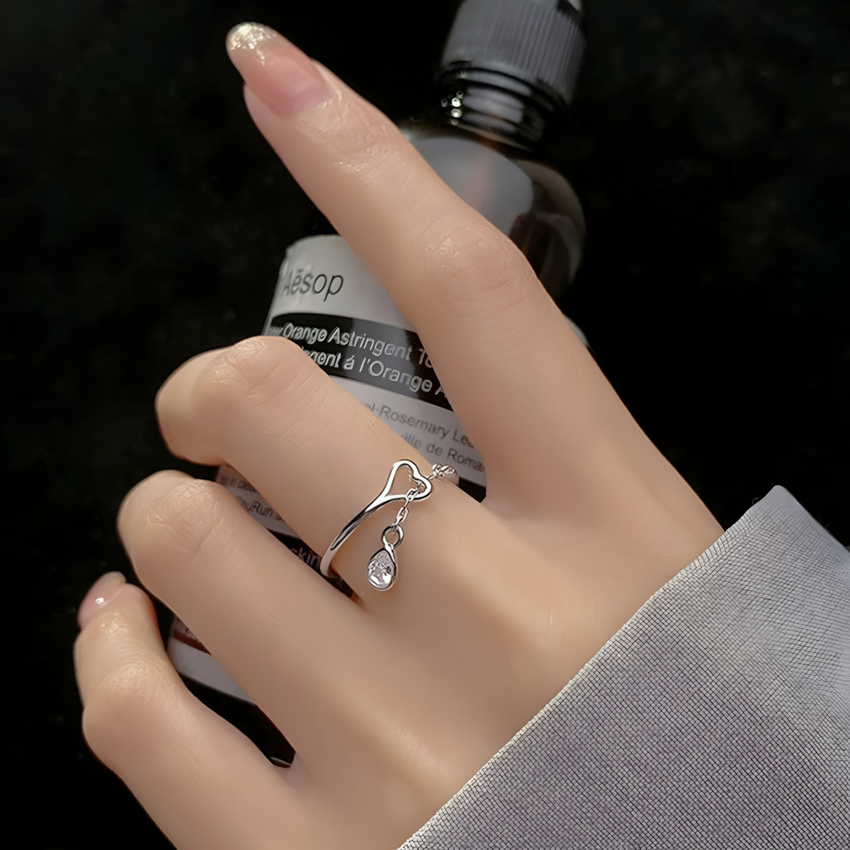925 Sterling Silver Heart Love Dangle Crystal Adjustable Ring - AAA Zircon 364