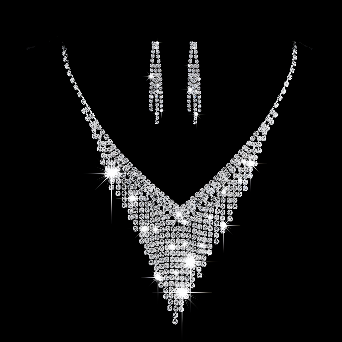 Bridal Crystal Rhinestone V-Shape Necklace & Dangle Earrings Jewelry Set 435