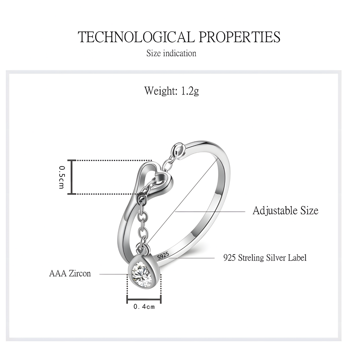 925 Sterling Silver Heart Love Dangle Crystal Adjustable Ring - AAA Zircon 364