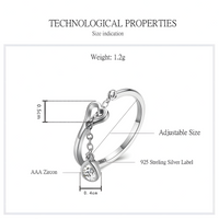 925 Sterling Silver Heart Love Dangle Crystal Adjustable Ring - AAA Zircon 364