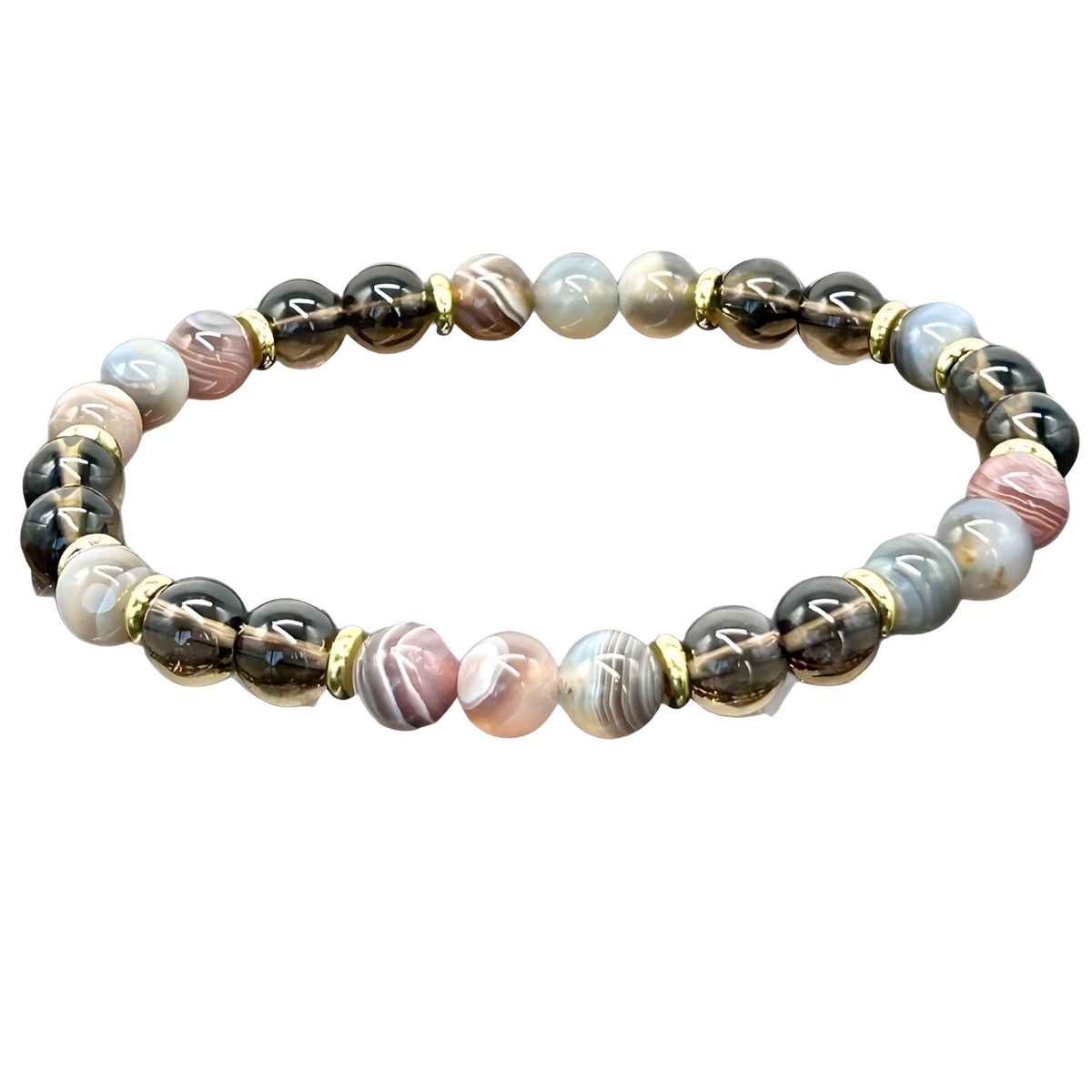 Botswana Agate & Smoky Quartz Beaded Bracelet For Women Gold Tone Plate 1402