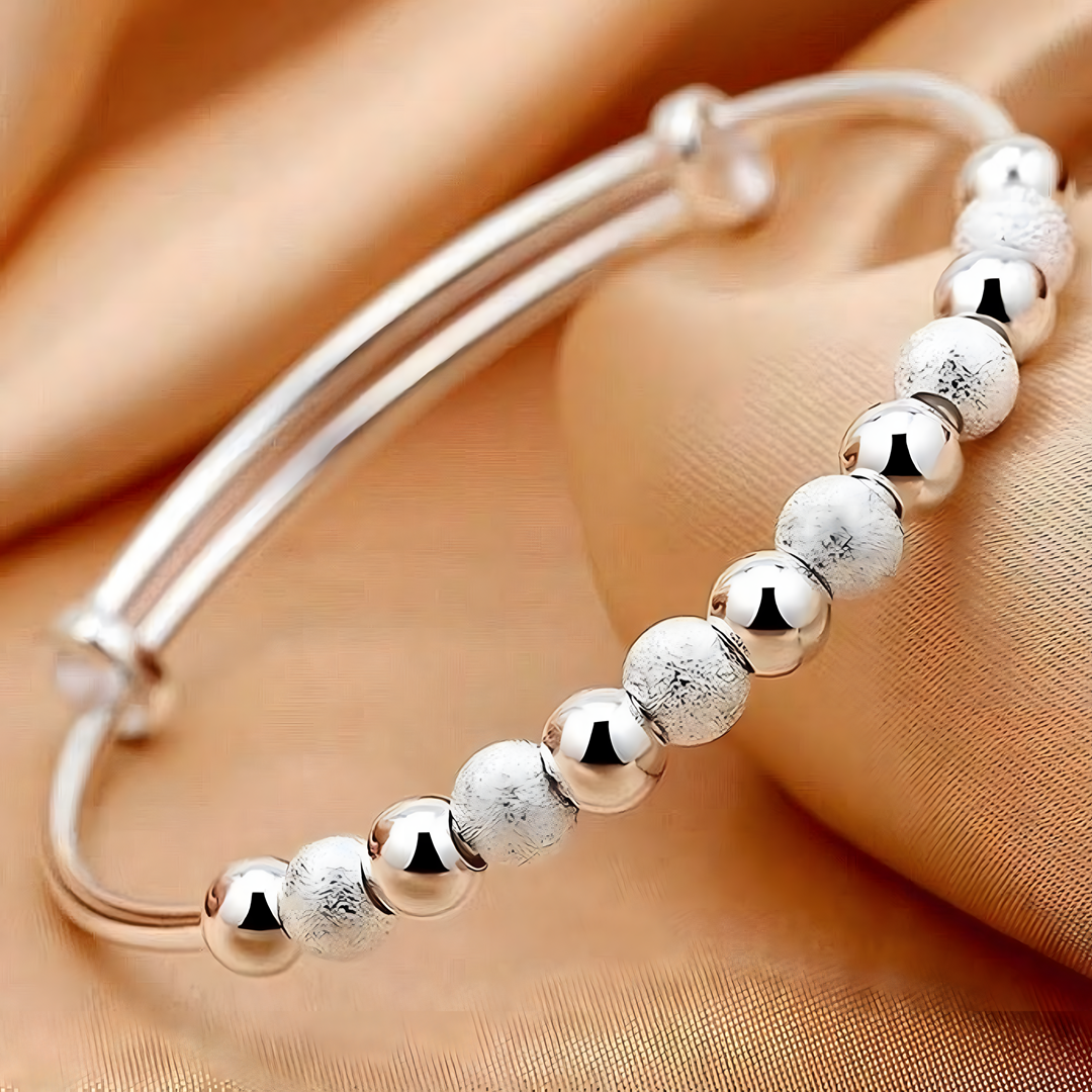 925 Silver-Colour Beaded Bangle Bracelet Women –Adjustable Round Ball Design 683