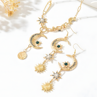 Gold Tone Celestial Moon Star Sun Necklace and Drop Earrings Set, Crescent 1722